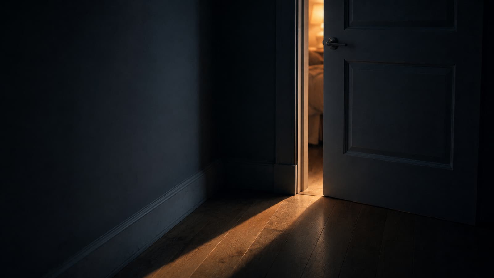 A figure half-turned in a doorway at dusk, lavender light spilling from inside, one foot stepping forward while the body angles away — the visual grammar of approach and retreat firing in the same gesture.