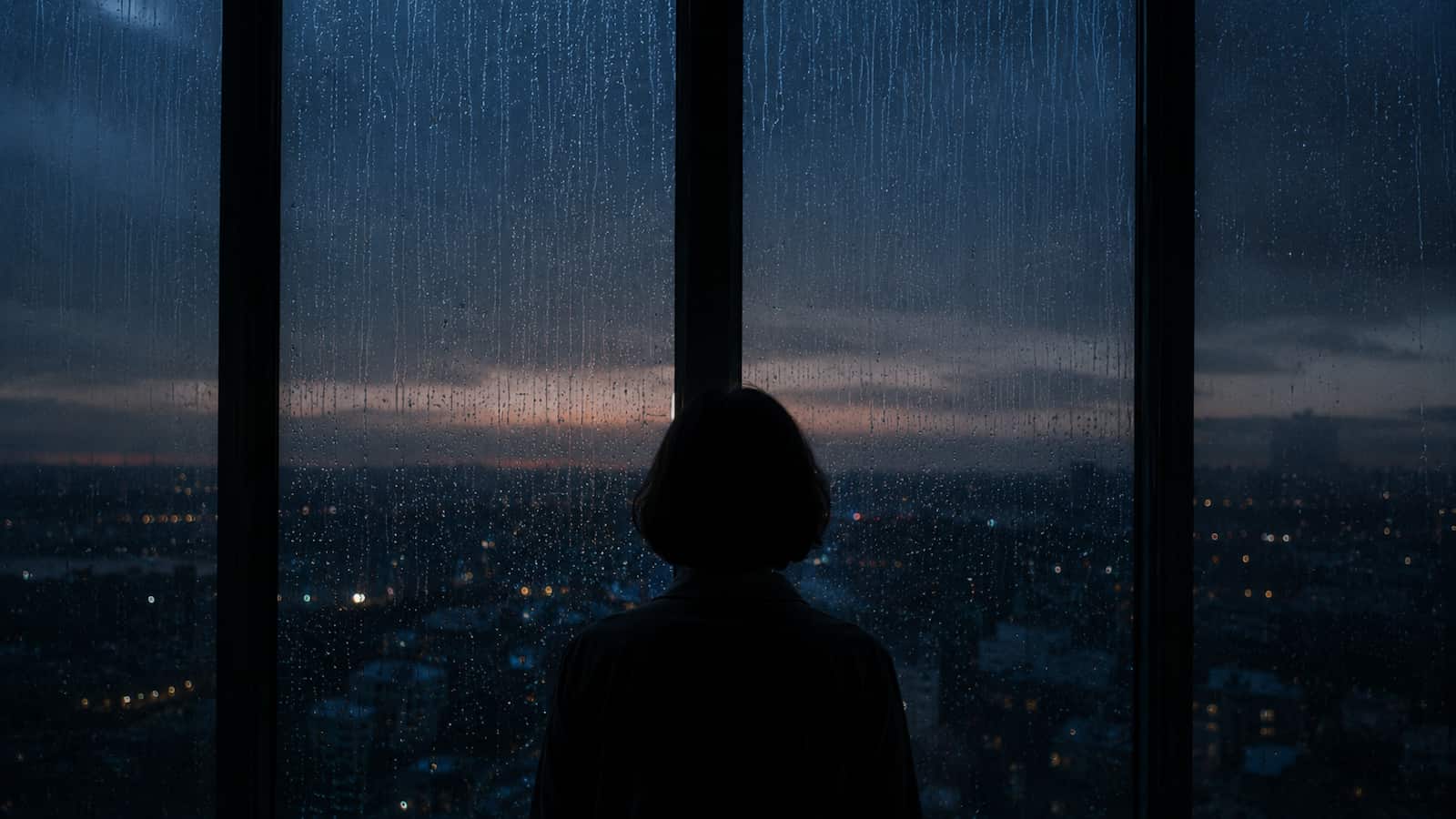 A solo silhouette looking out a rain-streaked window at dusk over a city skyline, only the back of the head and shoulders visible