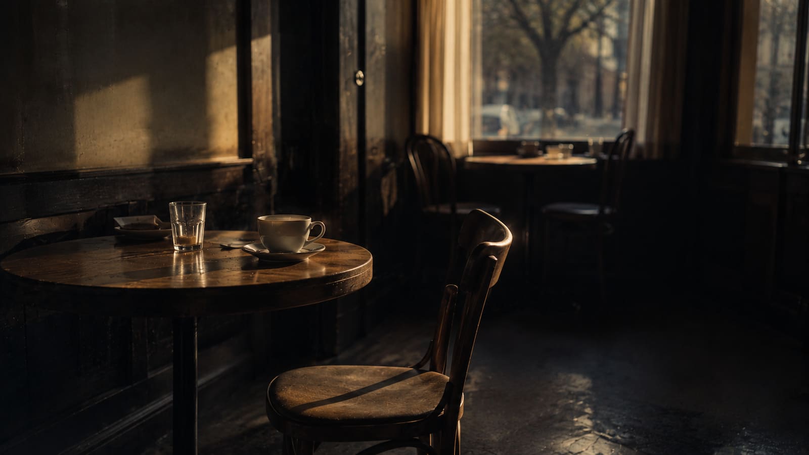An empty chair pulled back at an angle across a café table in golden hour light, two half-empty drinks, the room mostly empty